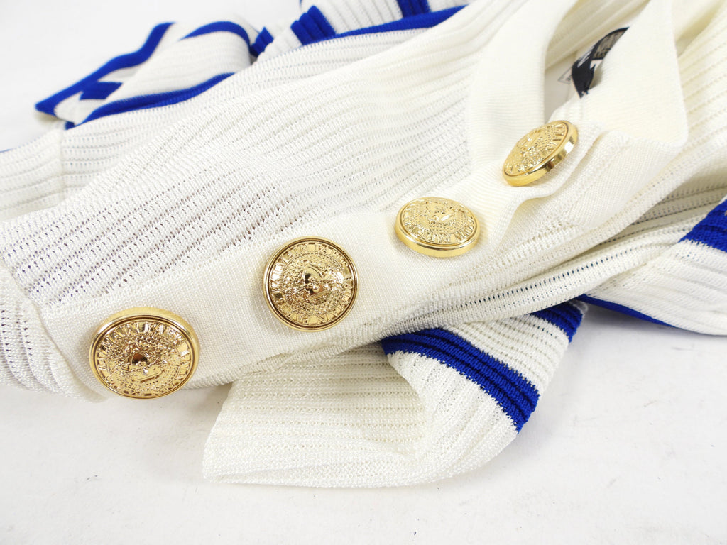 Balmain Blue and Ivory Long Sleeve 3 Button Striped Sweater - FR40 / 8