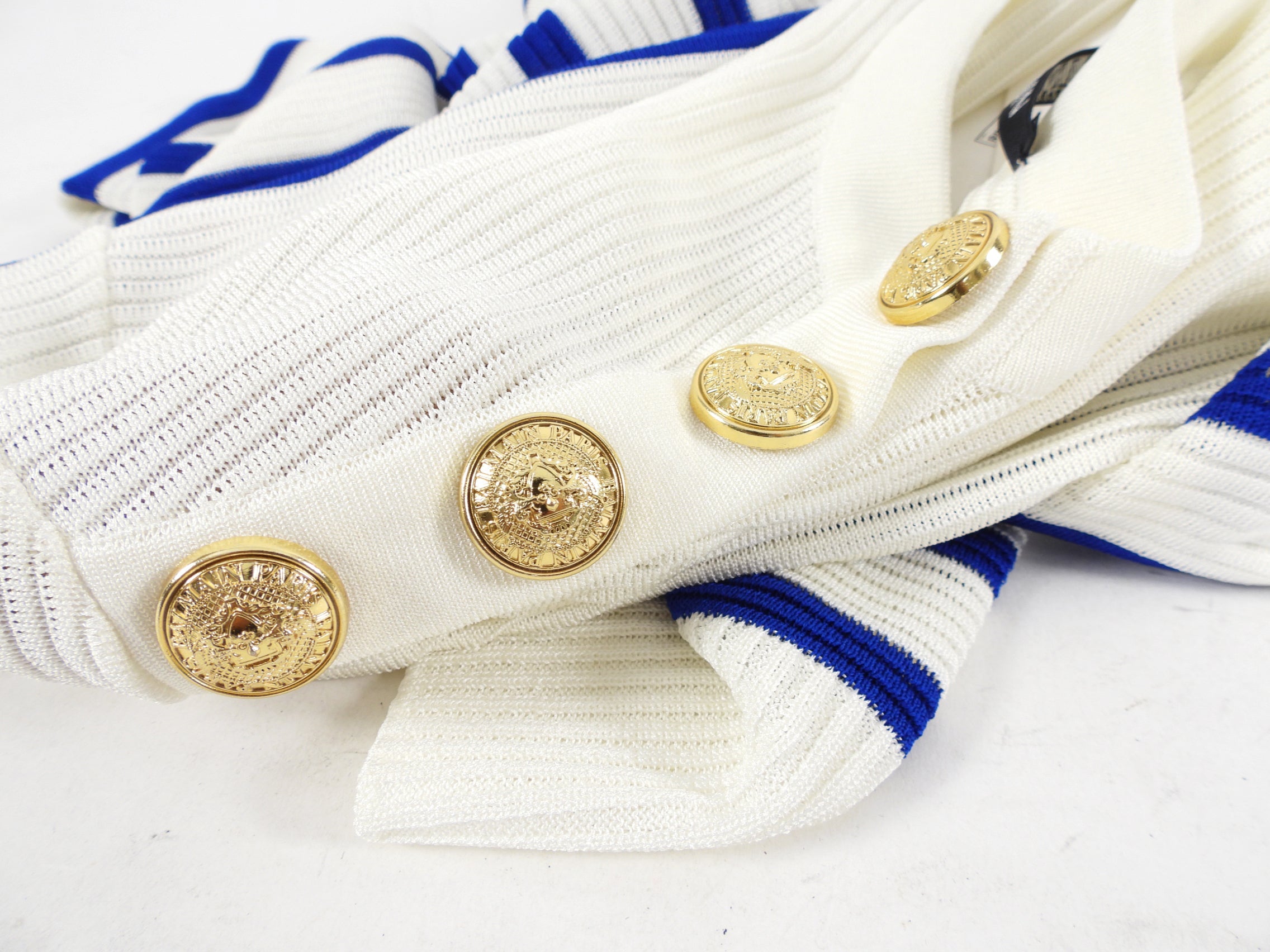Balmain Blue and Ivory Long Sleeve 3 Button Striped Sweater - FR40 / 8