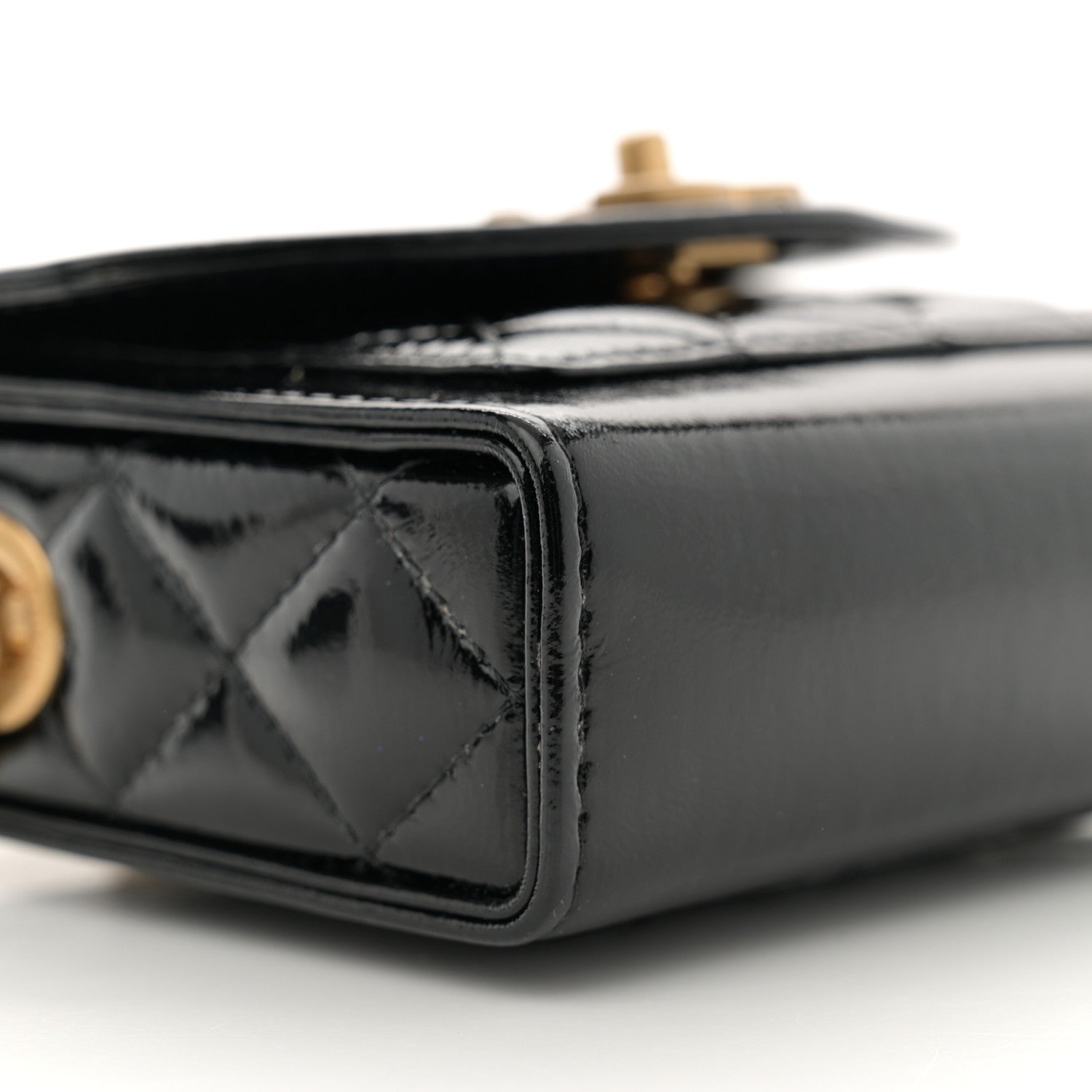 Shiny Lambskin Quilted Top Handle  Holder On Chain Black