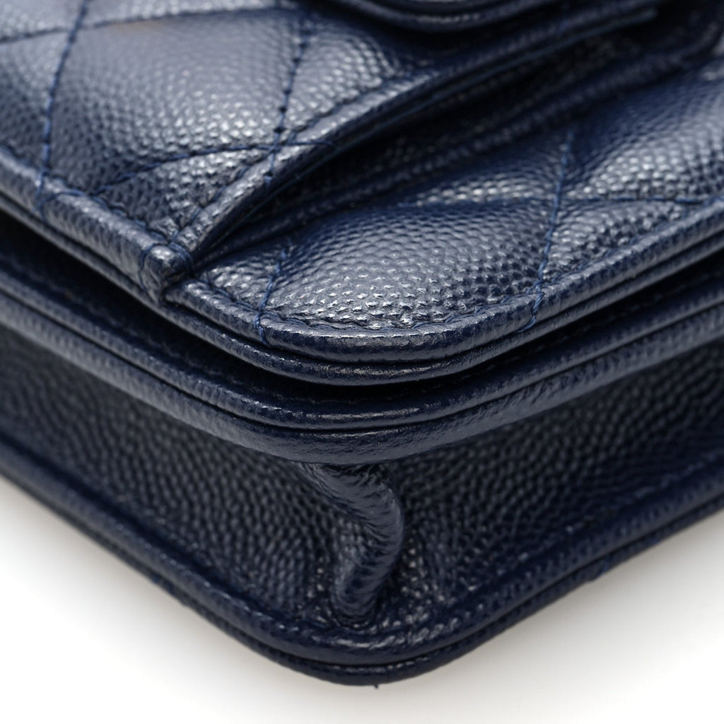 Caviar Quilted Pocket Twins Clutch With Chain Navy Blue