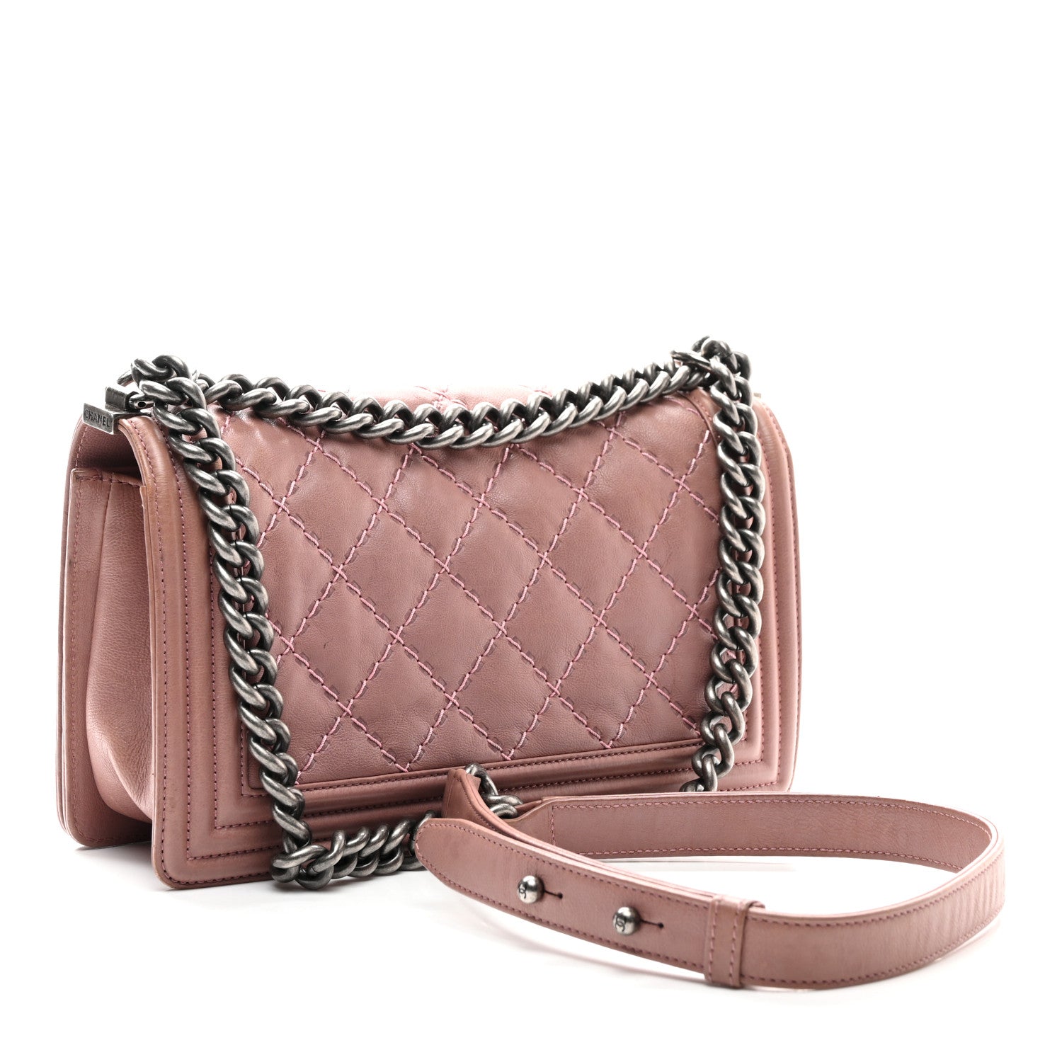 Calfskin Quilted Double Stitch Medium Boy Flap Pink