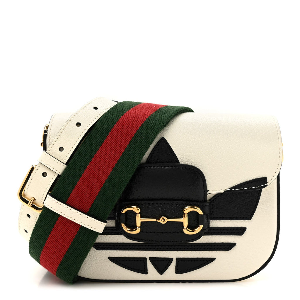 X ADIDAS Textured Dollar Calfskin Web Trefoil Mini Horsebit 1955 Shoulder Bag Off White Black