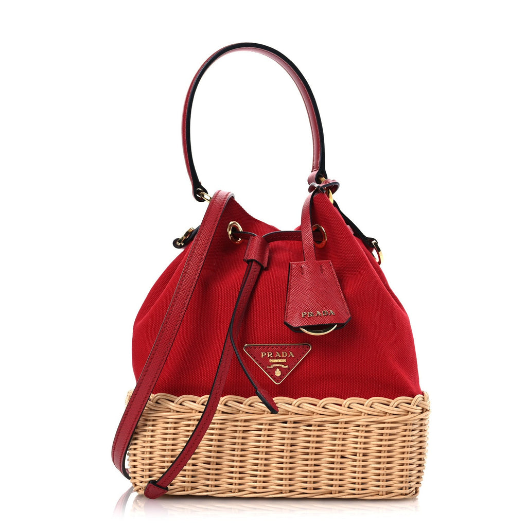 Wicker Canvas Saffiano Bucket Bag Naturale Rosso