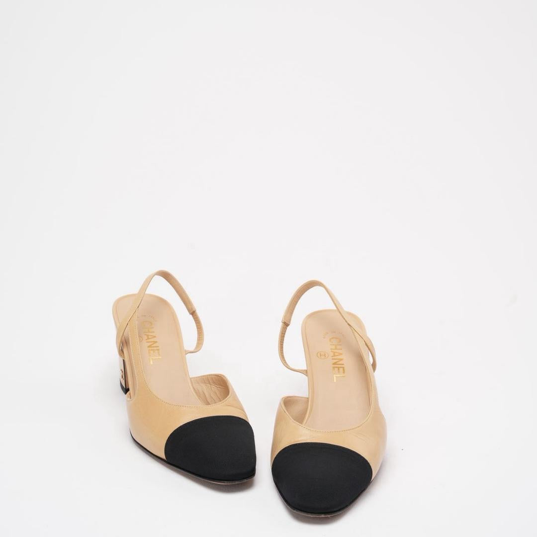 Chanel Black / Beige Cap Toe Slingback 39.5