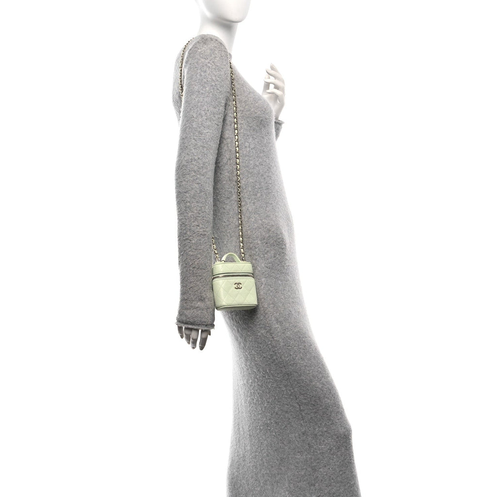 Caviar Quilted Small Handle With Care Vanity Case With Chain Light Green