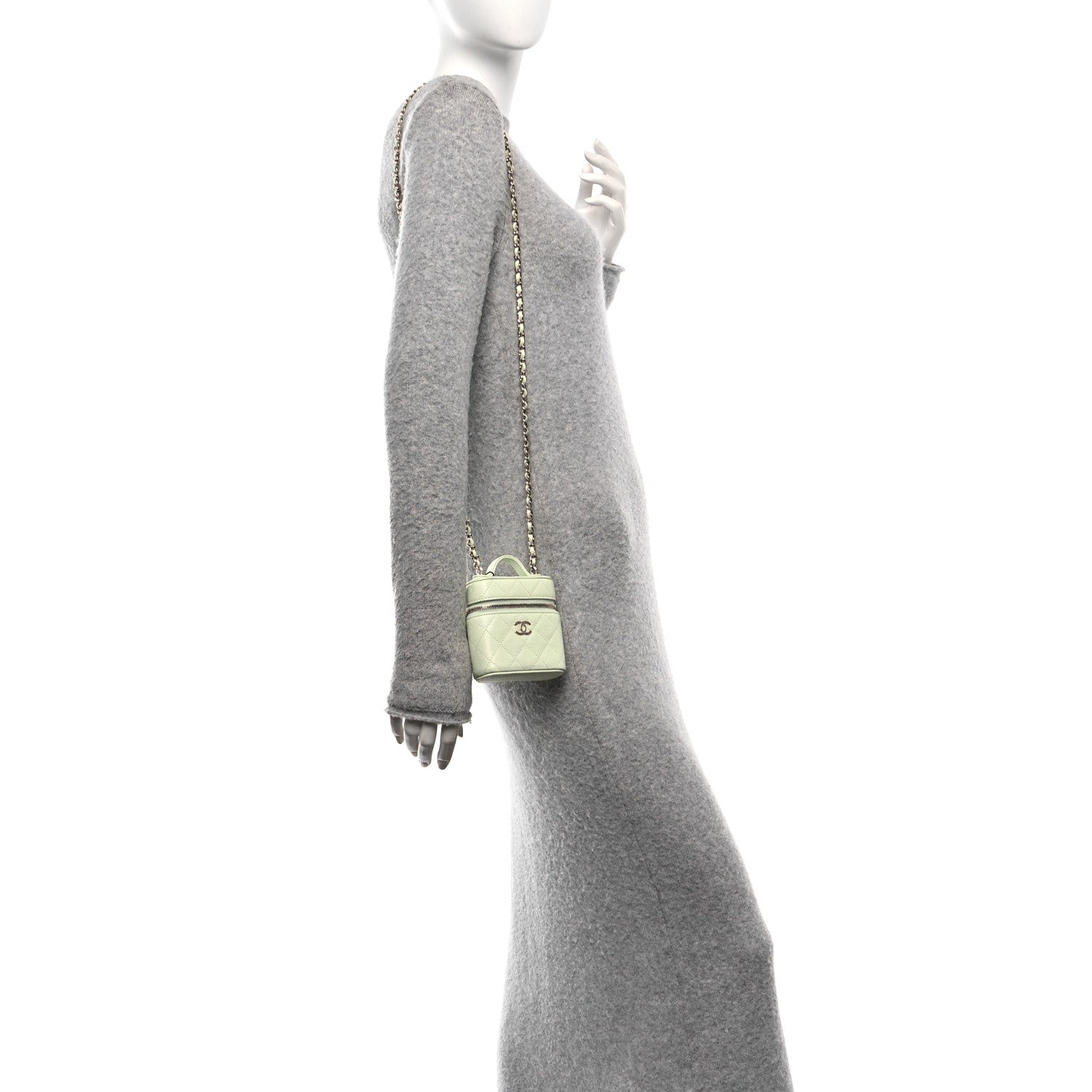 Caviar Quilted Small Handle With Care Vanity Case With Chain Light Green