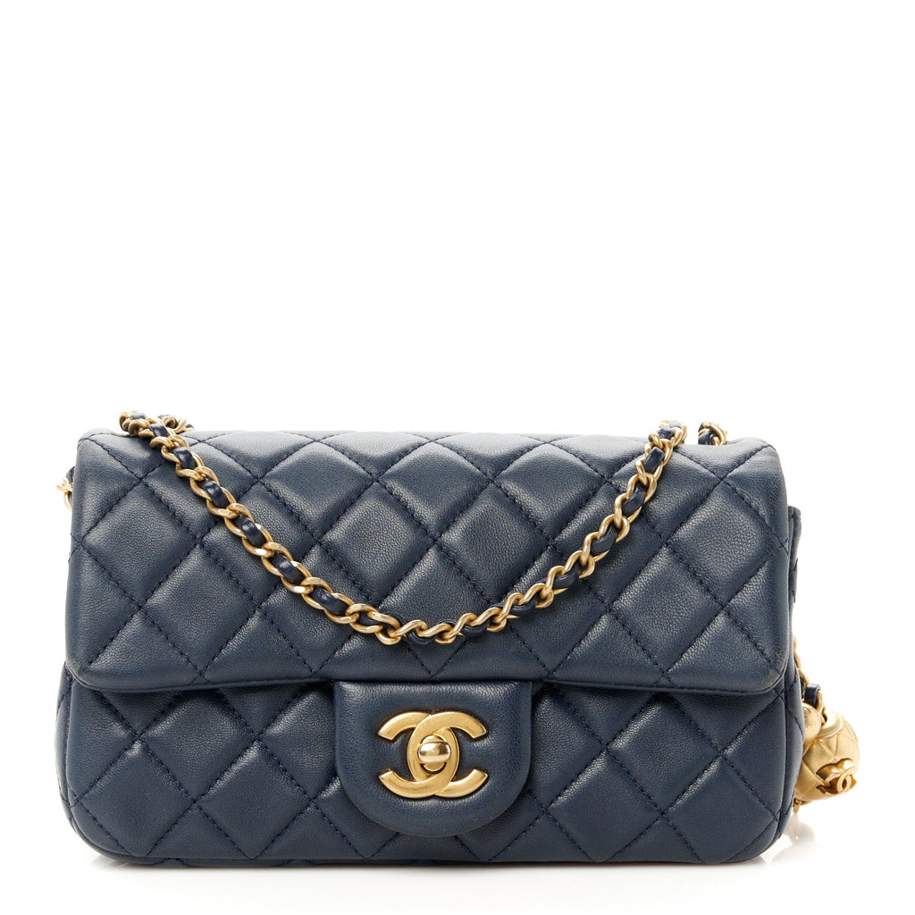 Lambskin Quilted Mini Pearl Crush Rectangular Flap Navy Blue