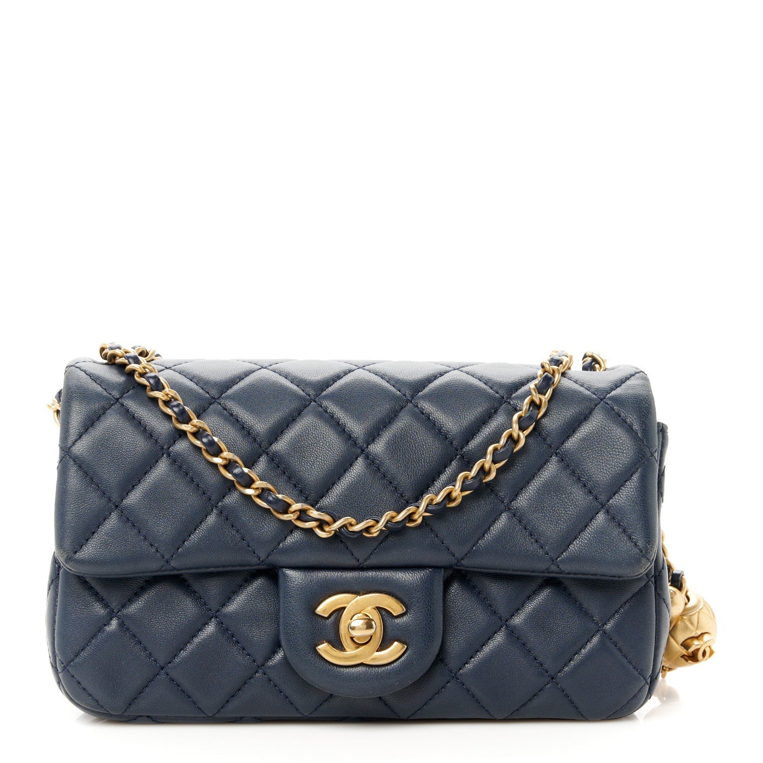 Lambskin Quilted Mini Pearl Crush Rectangular Flap Navy Blue