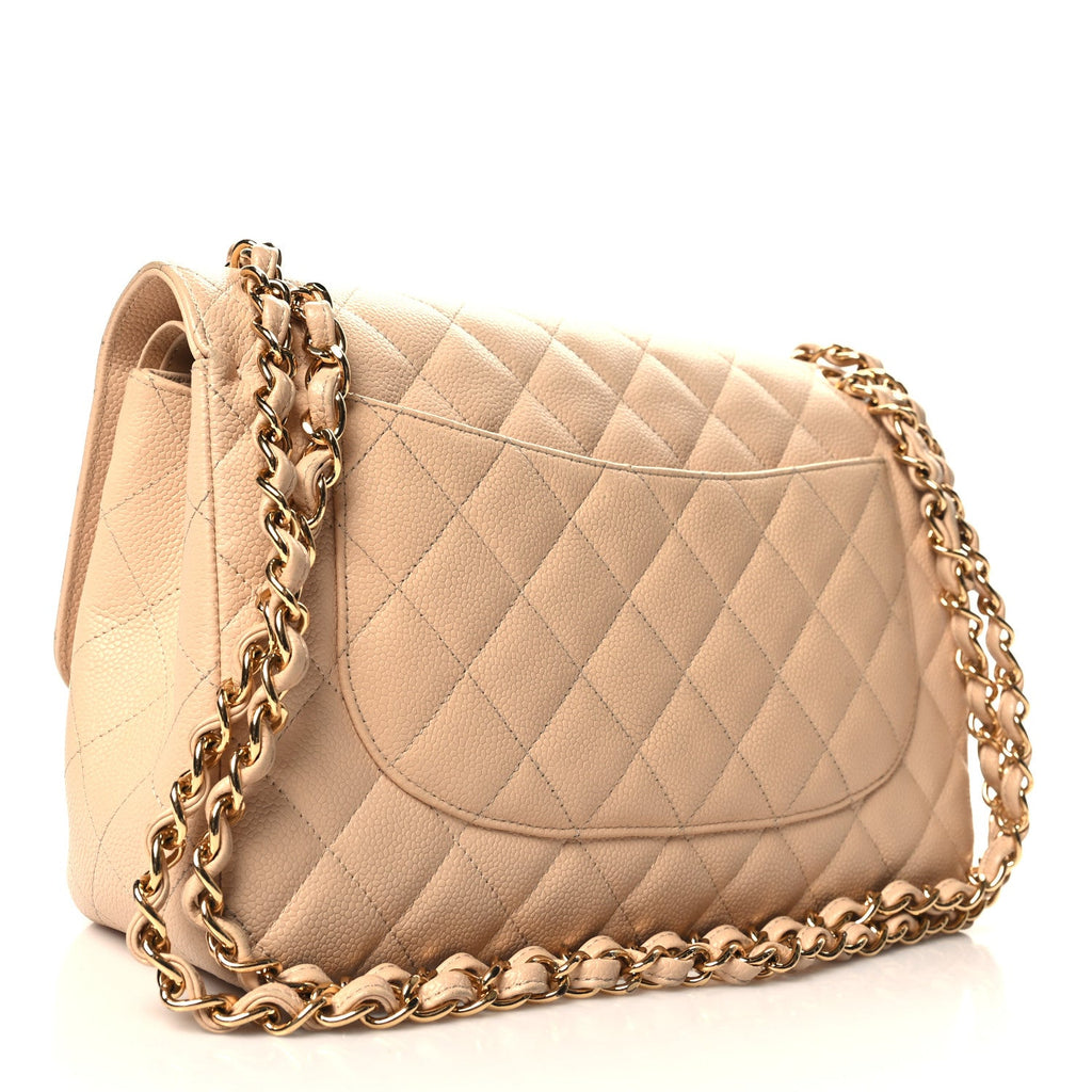Caviar Quilted Jumbo Double Flap Beige