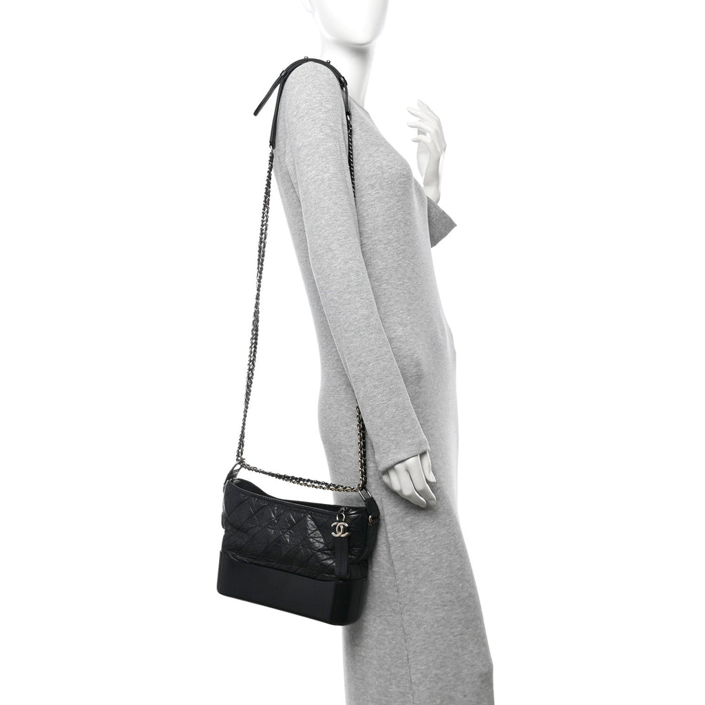 Aged Calfskin Quilted Small Gabrielle Logo Hobo Black