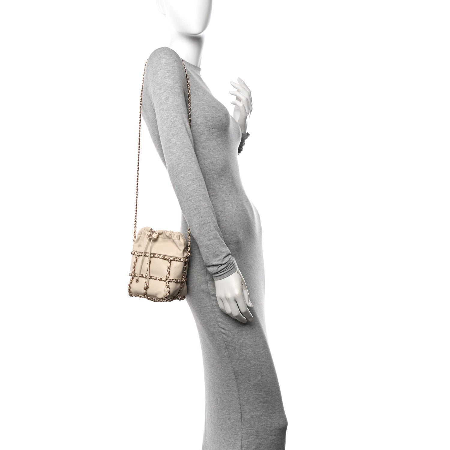Lambskin Bucket Chain Drawstring Bag Beige