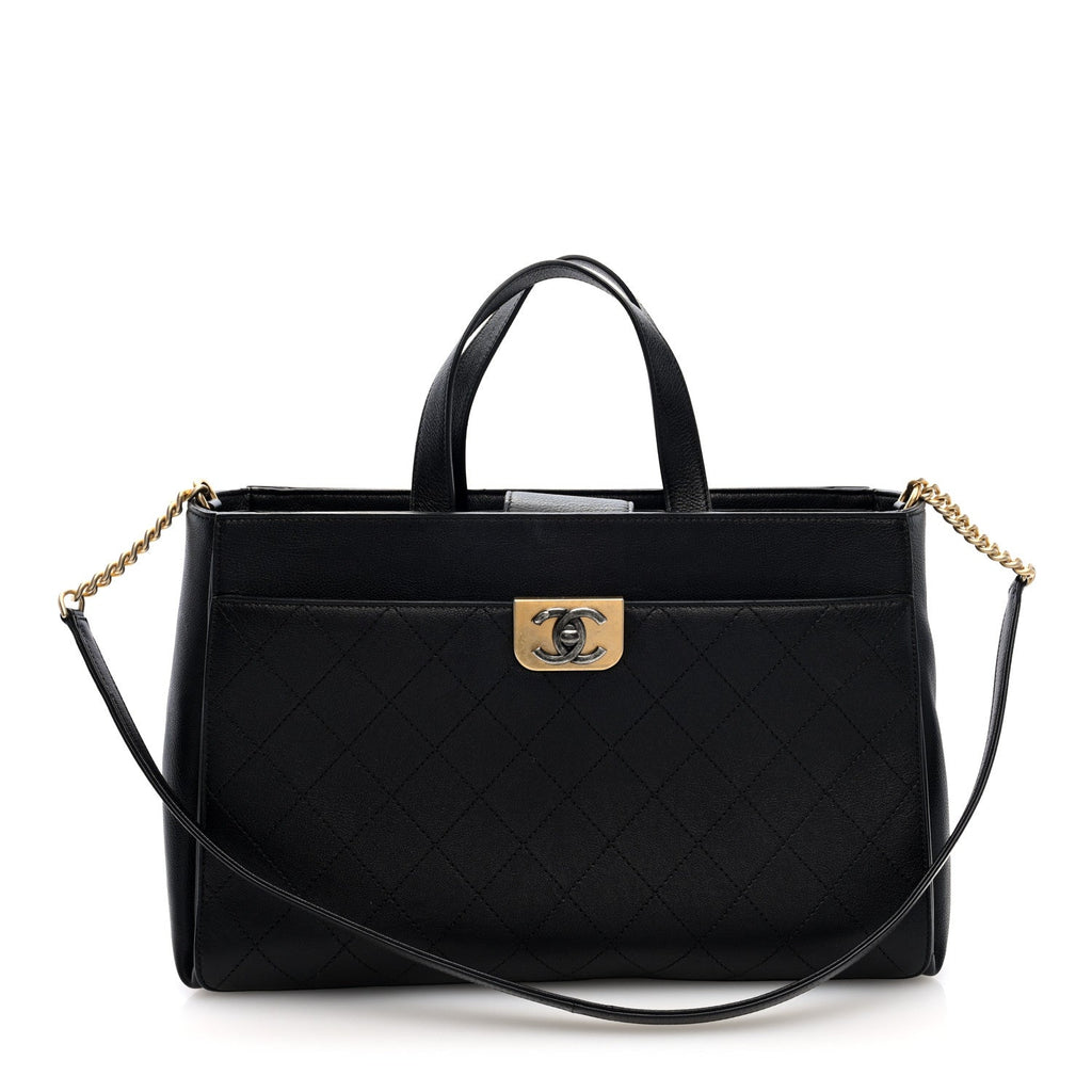 Calfskin Stitched Large Straight Lines Shopping Tote Black