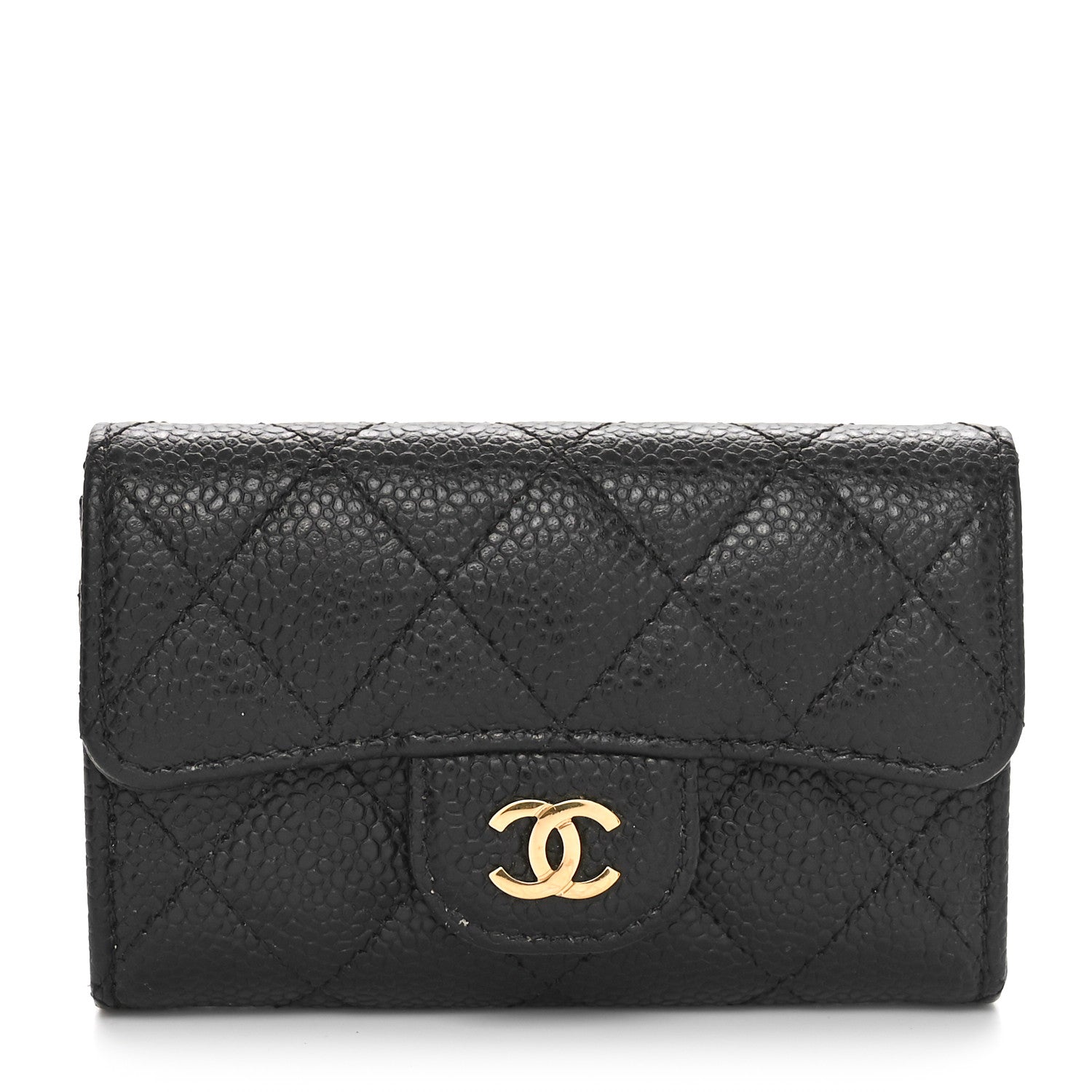 Caviar Quilted Flap  Holder Wallet Black