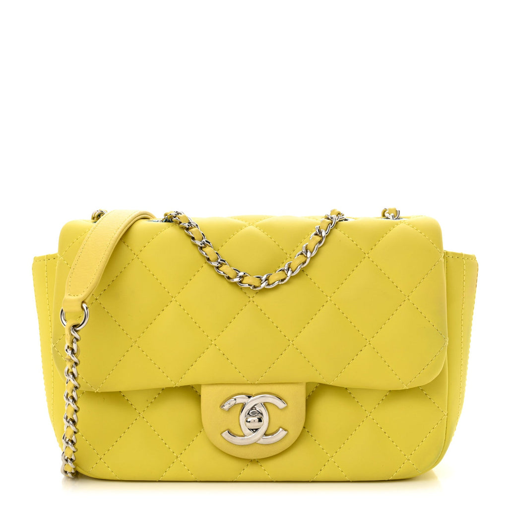 Rubber Quilted Lambskin Mini Square Coco Rain Flap Yellow