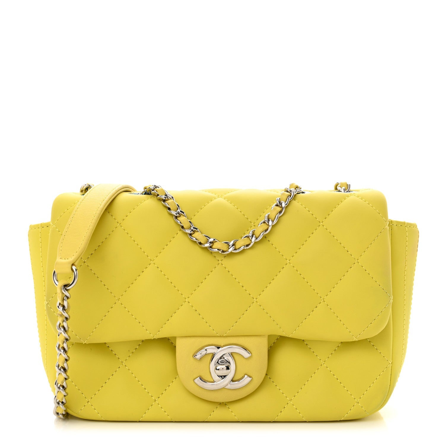 Rubber Quilted Lambskin Mini Square Coco Rain Flap Yellow
