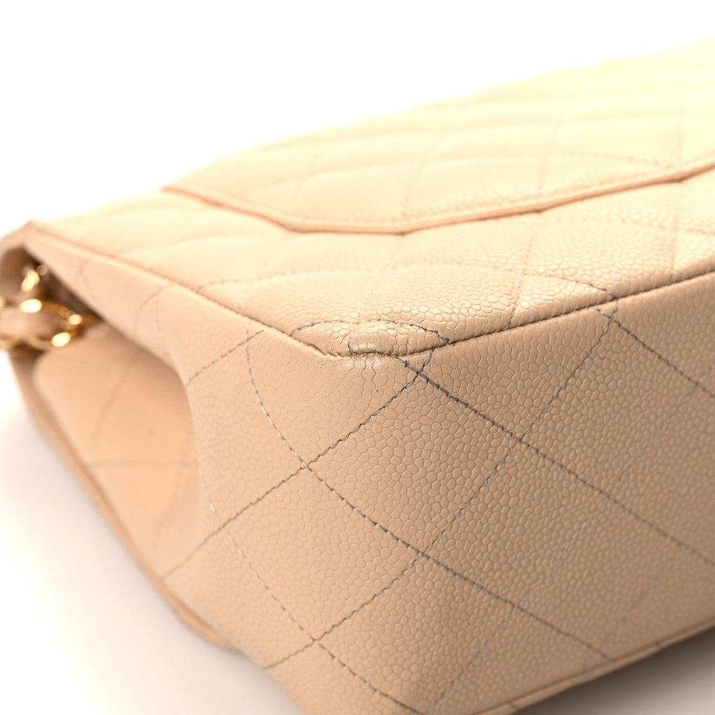Caviar Quilted Jumbo Double Flap Beige