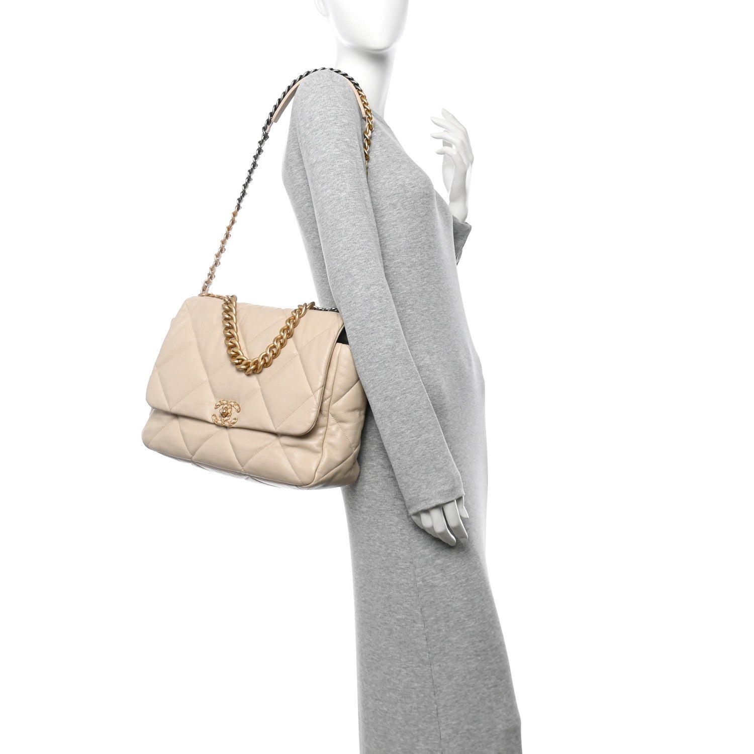 Goatskin Quilted Maxi Chanel 19 Flap Beige