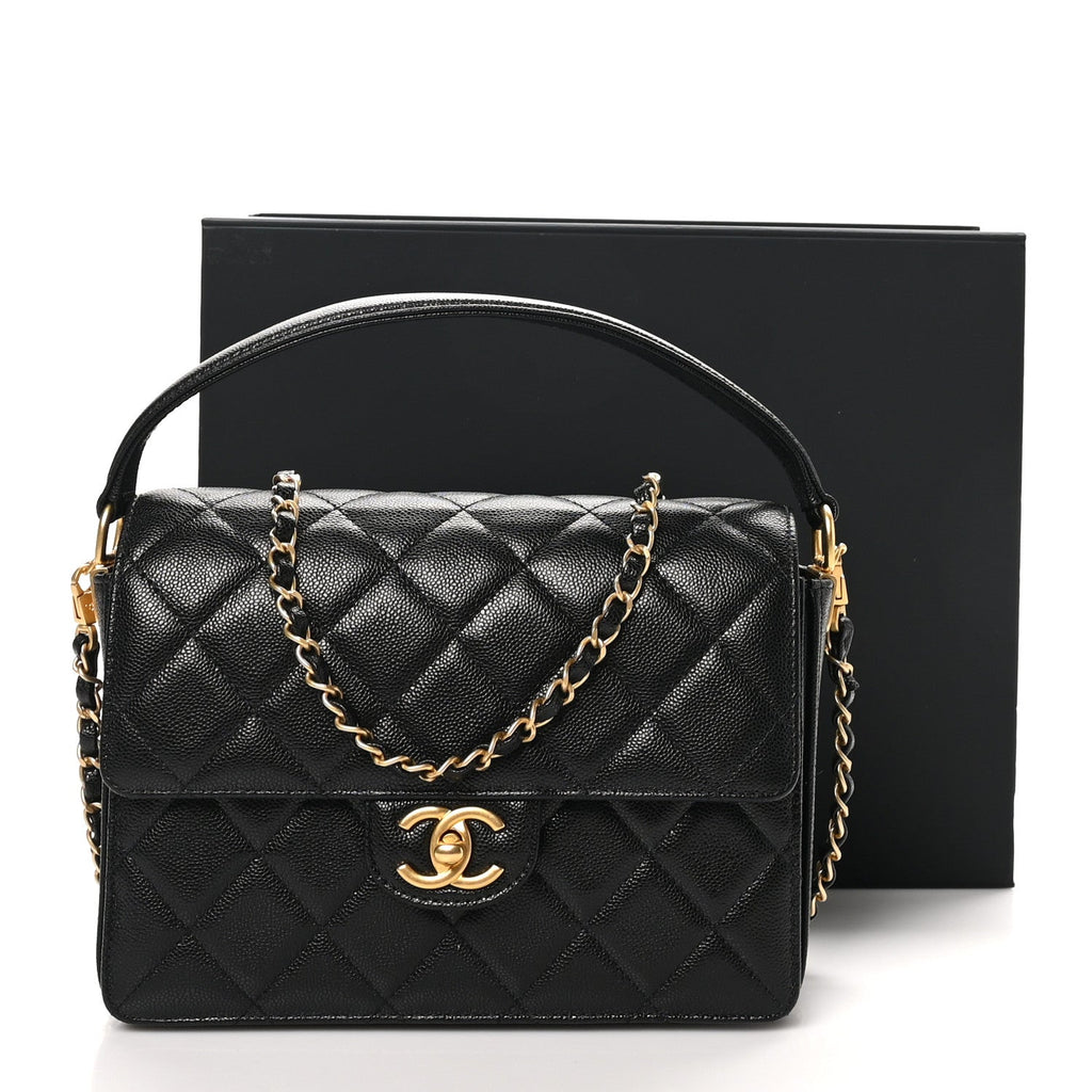 Shiny Caviar Quilted Small Top Handle Flap  Black