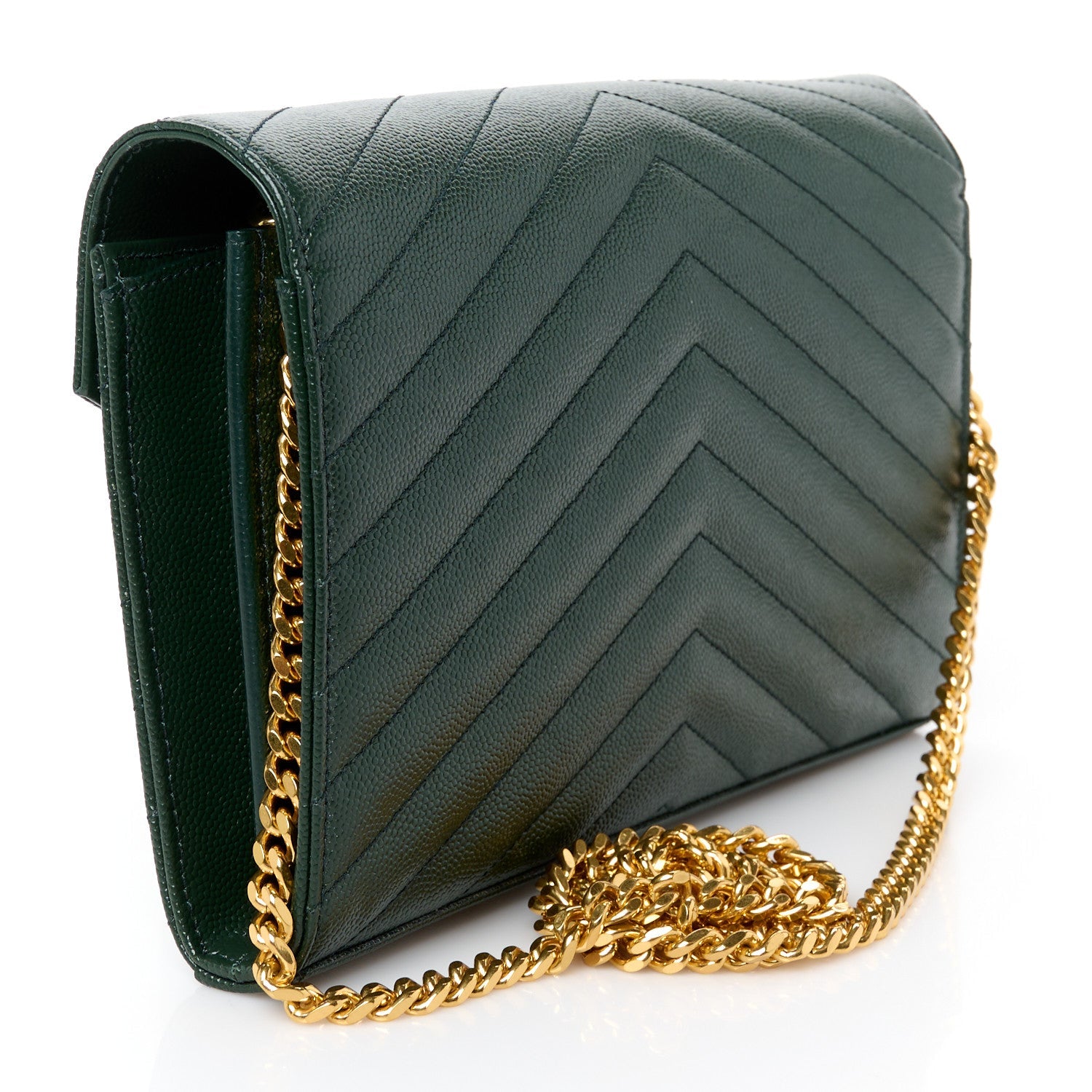 Grain De Poudre Matelasse Chevron Monogram Envelope Chain Wallet Dark Green