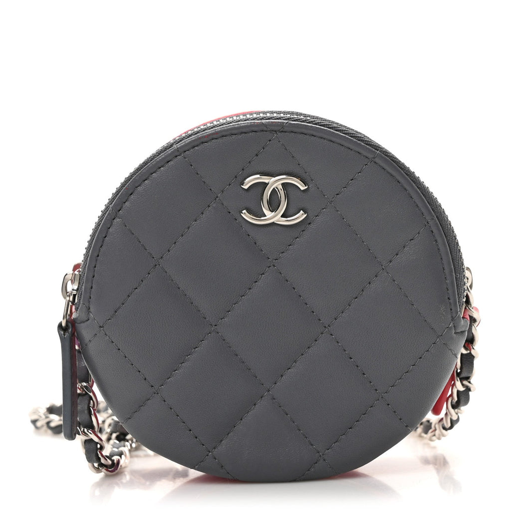 Lambskin Quilted Round Clutch With Chain Grey Multicolor
