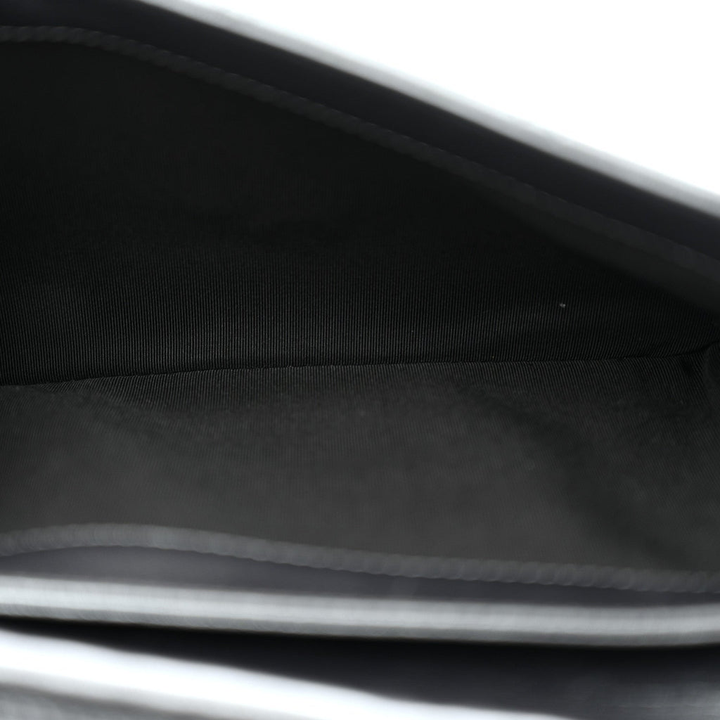 Metallic Lambskin Quilted Retro Label Clutch Charcoal Grey