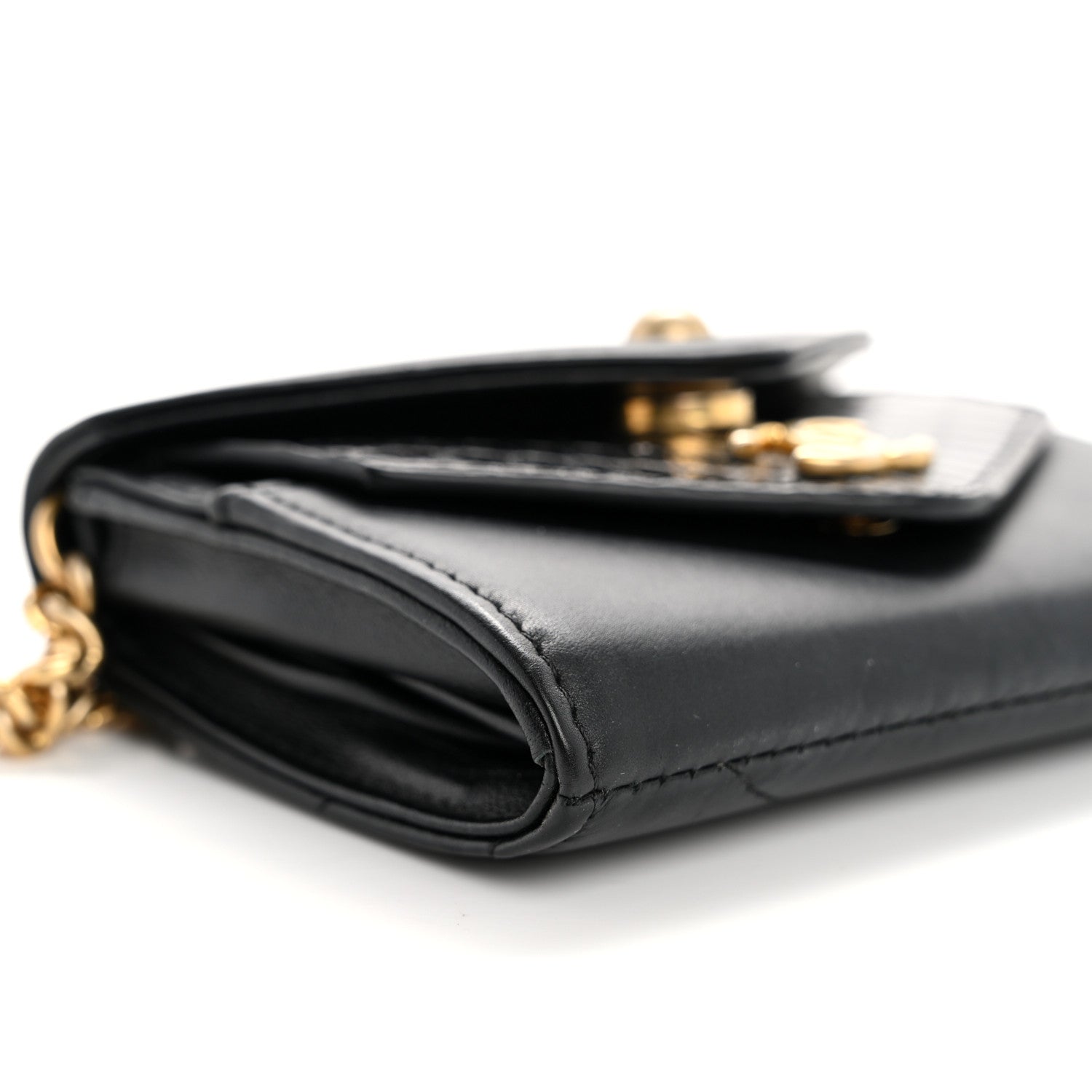 Snakeskin Calfskin Embossed Chevron Quilted CC Chain Wallet Black