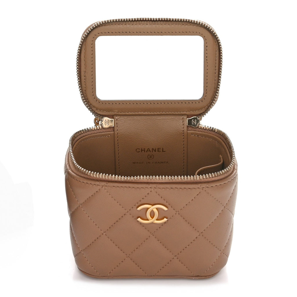 Lambskin Quilted Metal Mini Top Handle Vanity Case With Chain Beige