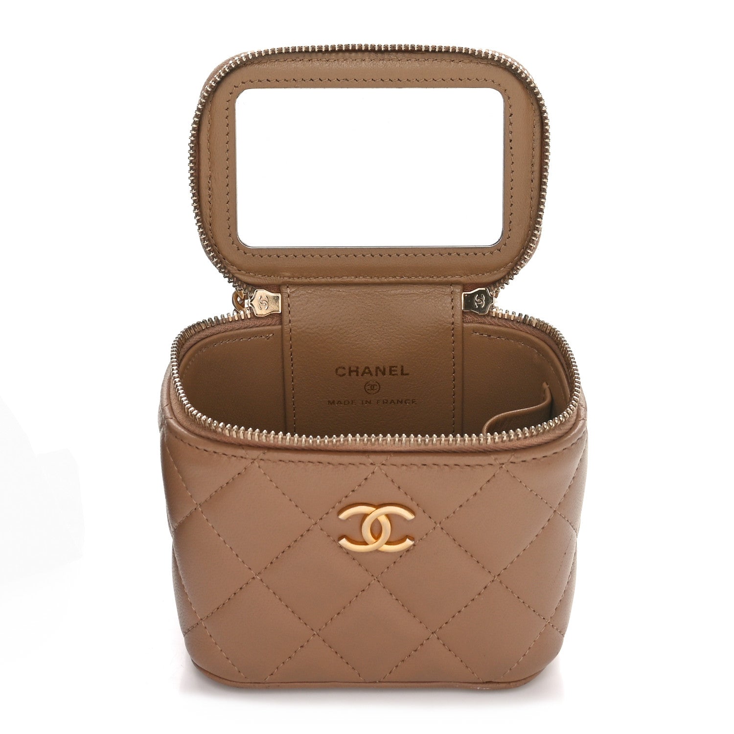 Lambskin Quilted Metal Mini Top Handle Vanity Case With Chain Beige