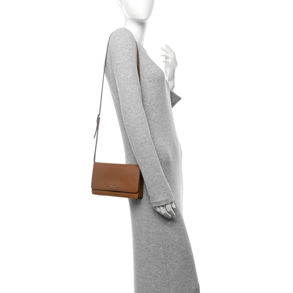 Saffiano Metal Flap Wallet With Strap Caramel