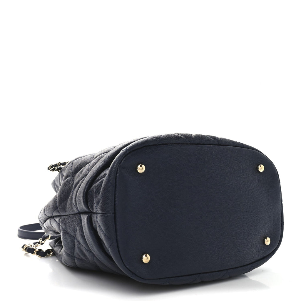 Caviar Quilted Large Rolled Up Bucket Drawstring Bag Navy