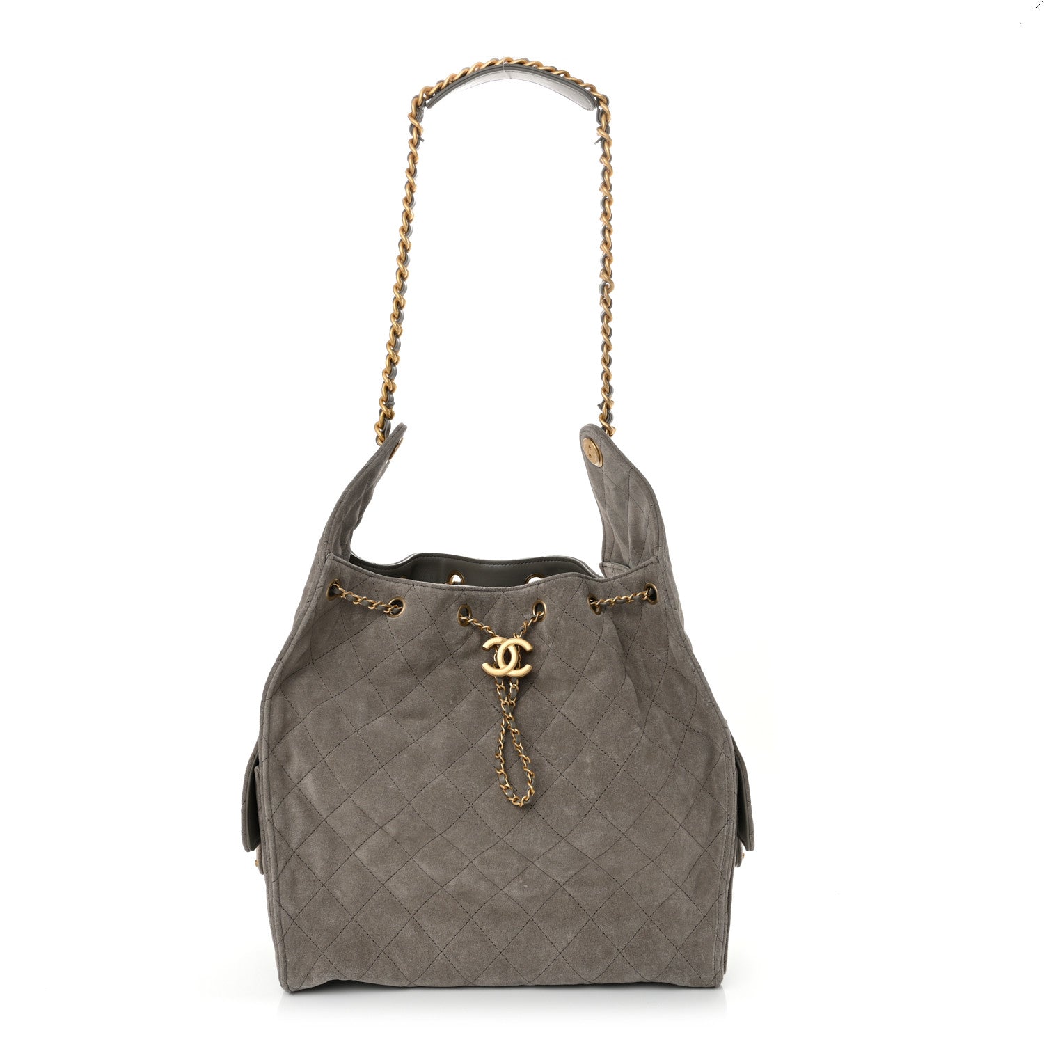 Suede Quilted Medium Chanel 25 Handbag Grey