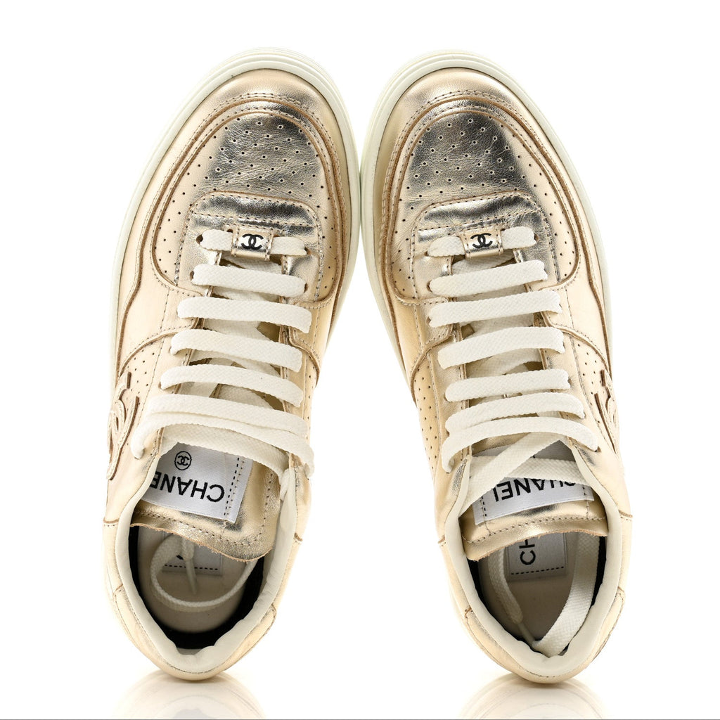 Laminated Calfskin CC Womens Sneakers 36.5 Golden