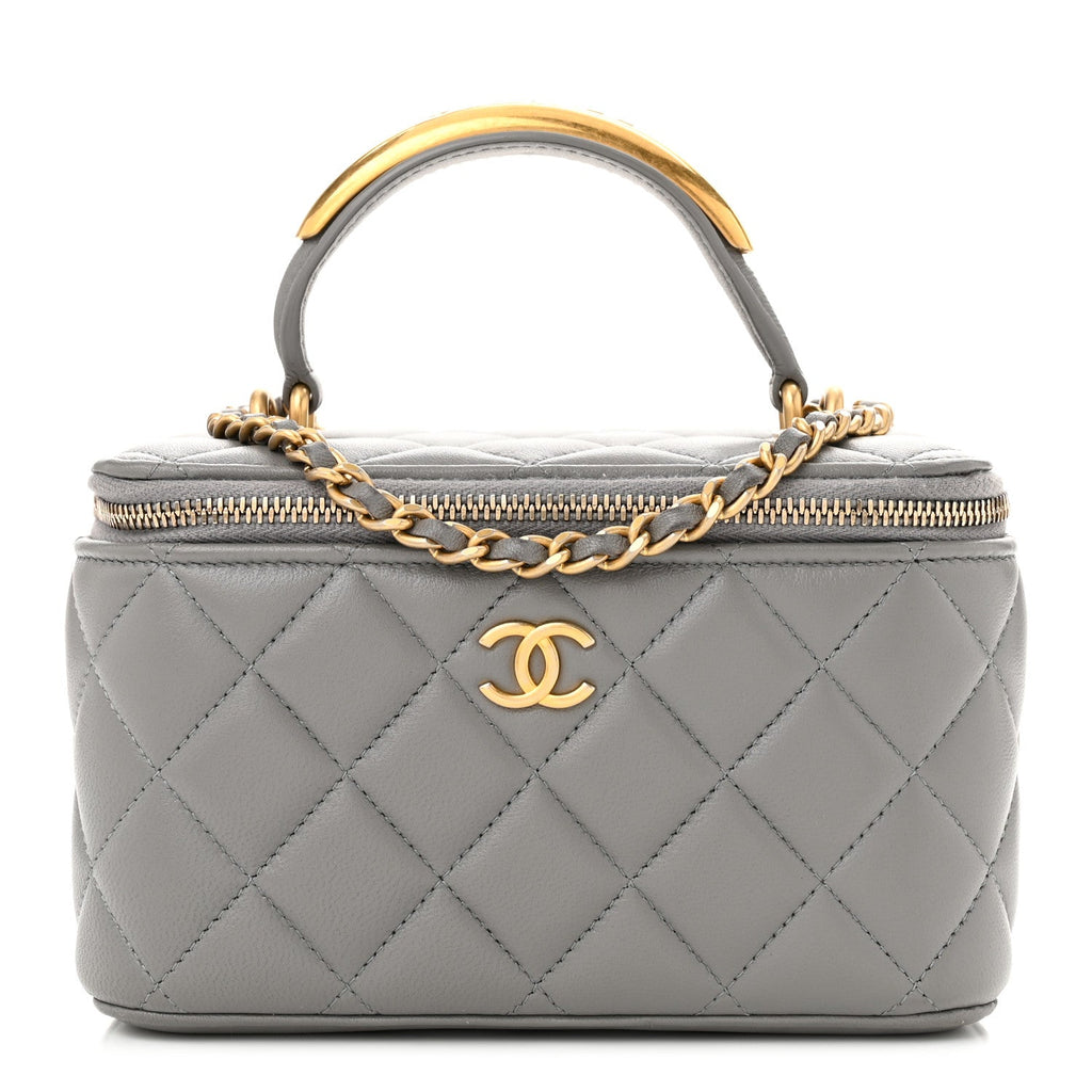 Lambskin Quilted Metal Small Top Handle Vanity Case With Chain Grey