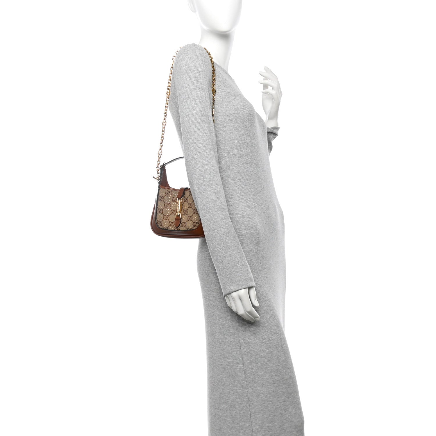 New Canvas Charisma Calfskin Crystal GG Monogram Mini Jackie 1961 Hobo Camel Ebony