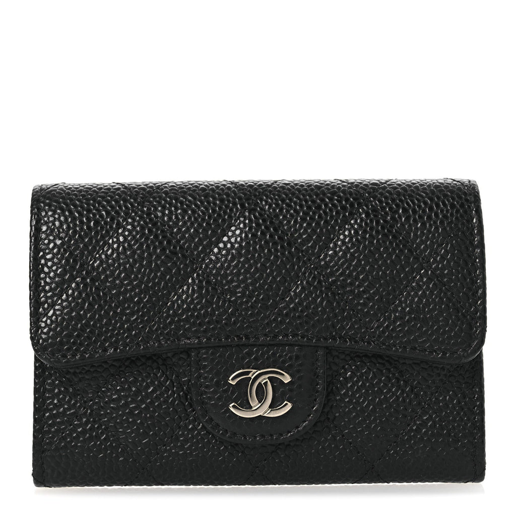 Caviar Quilted Flap  Holder Wallet Black