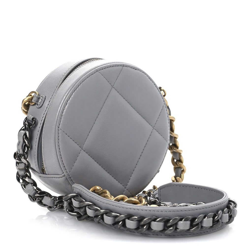 Lambskin Quilted Chanel 19 Round Clutch With Chain Grey