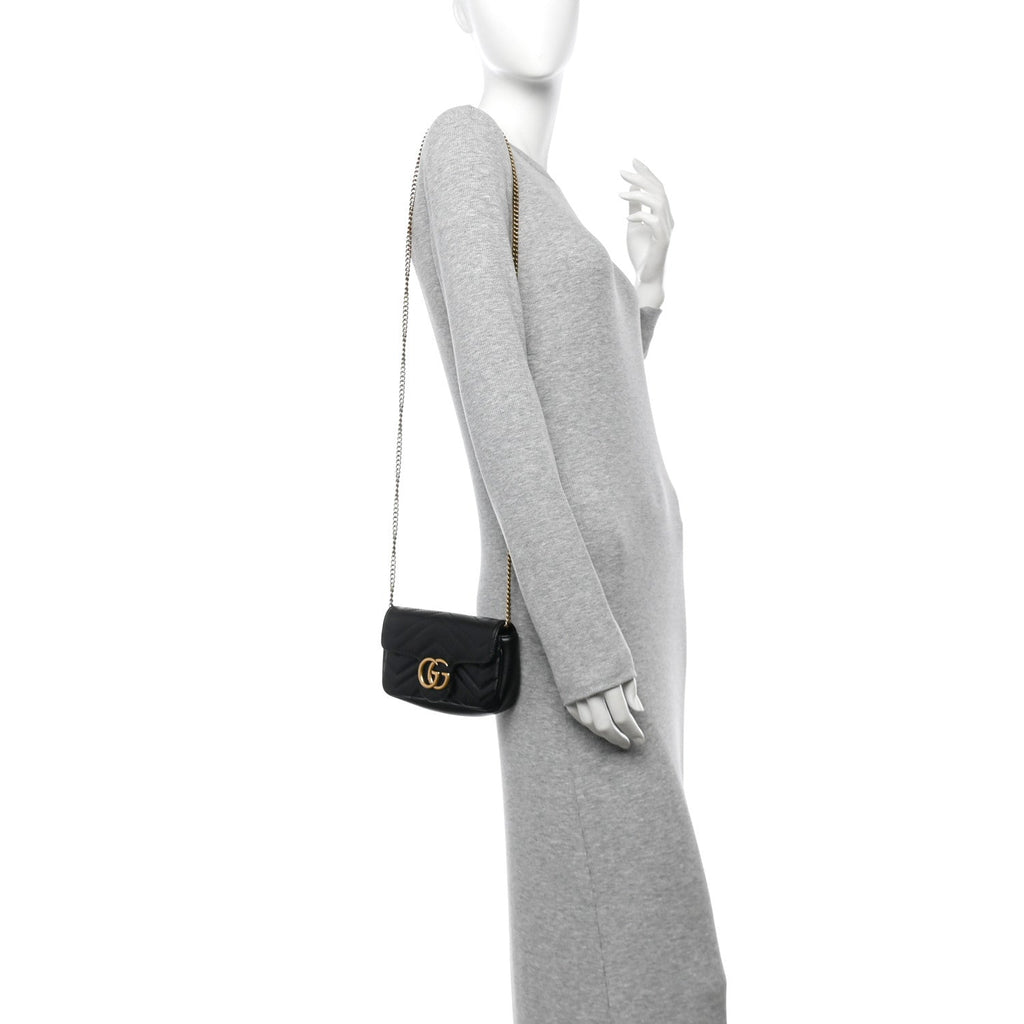 Calfskin Matelasse Super Mini GG Marmont Shoulder Bag Black