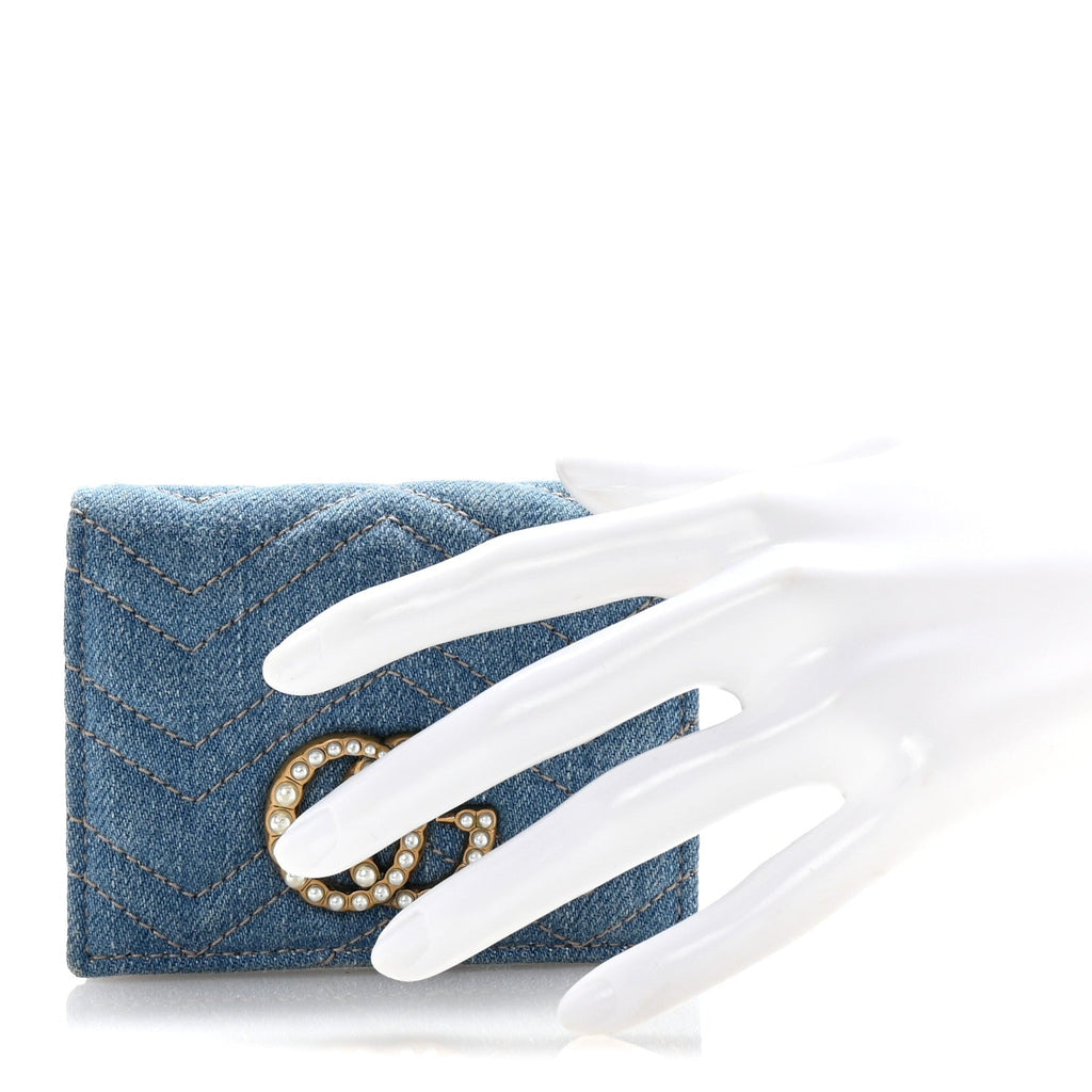 Denim Matelasse Pearly GG Marmont  Case Wallet Blue