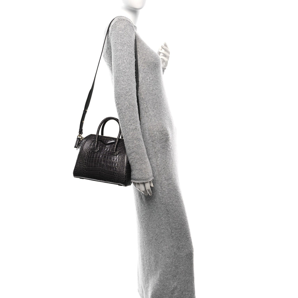 Calfskin Crocodile Embossed Mini Antigona Storm Grey