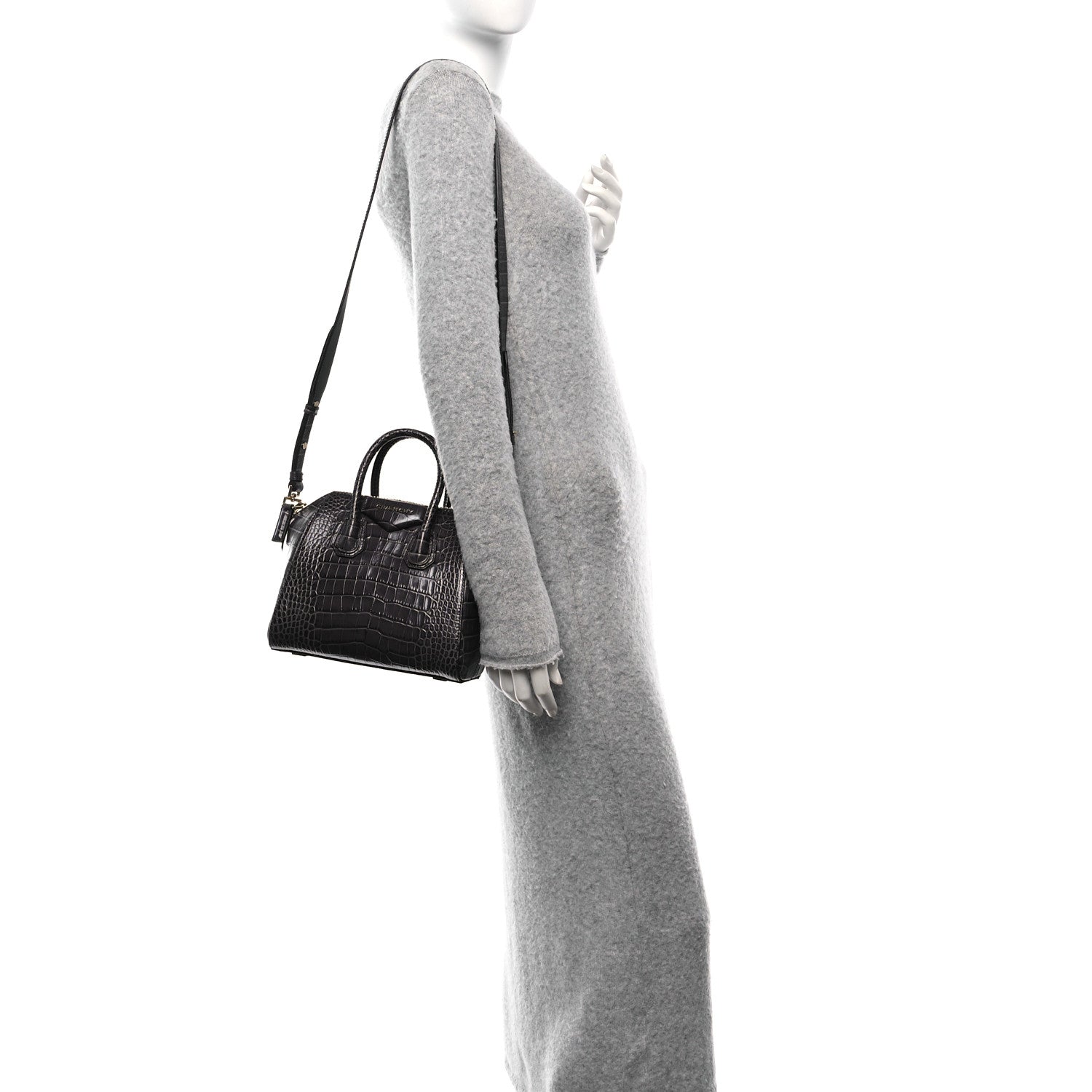 Calfskin Crocodile Embossed Mini Antigona Storm Grey