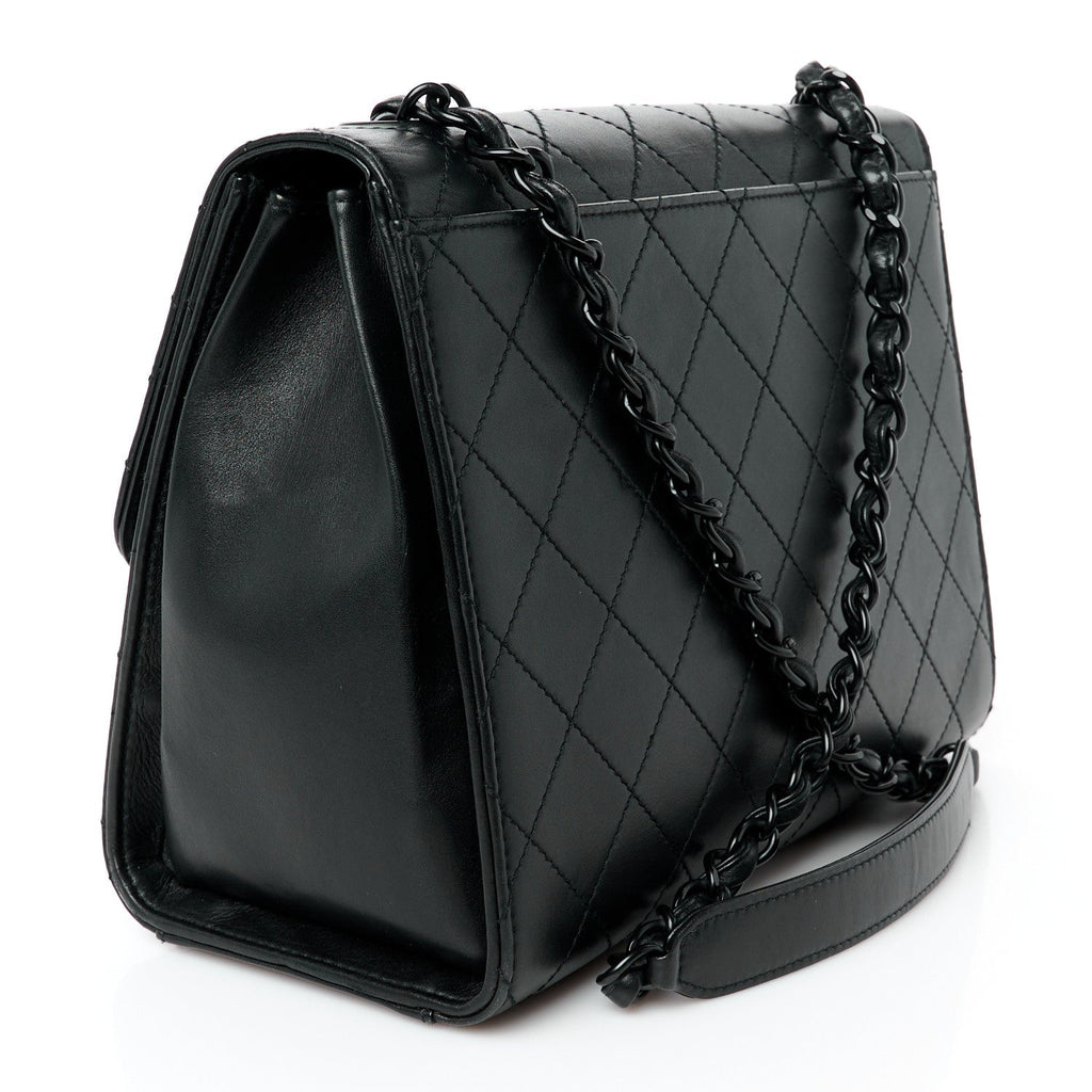Calfskin Diamond Stitched Flap Shoulder Bag Black