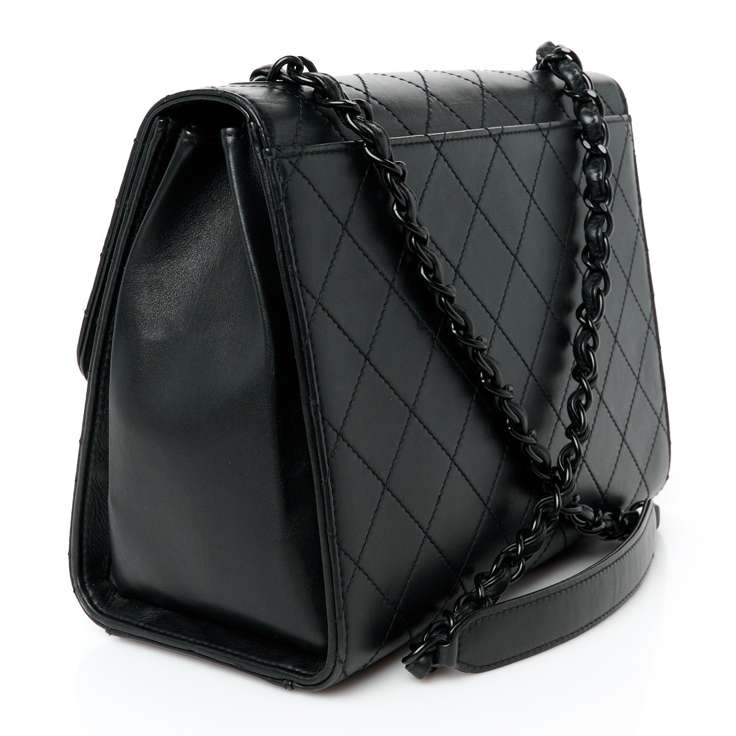 Calfskin Diamond Stitched Flap Shoulder Bag Black