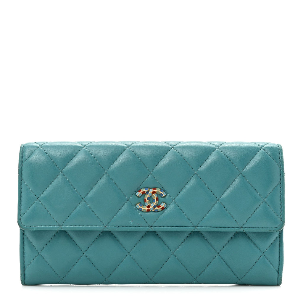 Lambskin Gripoix Quilted Gusset Flap Wallet Turquoise