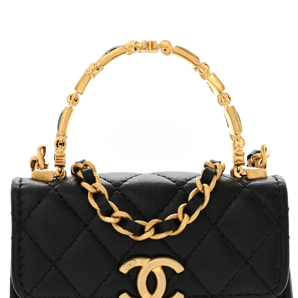 Lambskin Enamel Quilted Mini Top Handle Flap Black