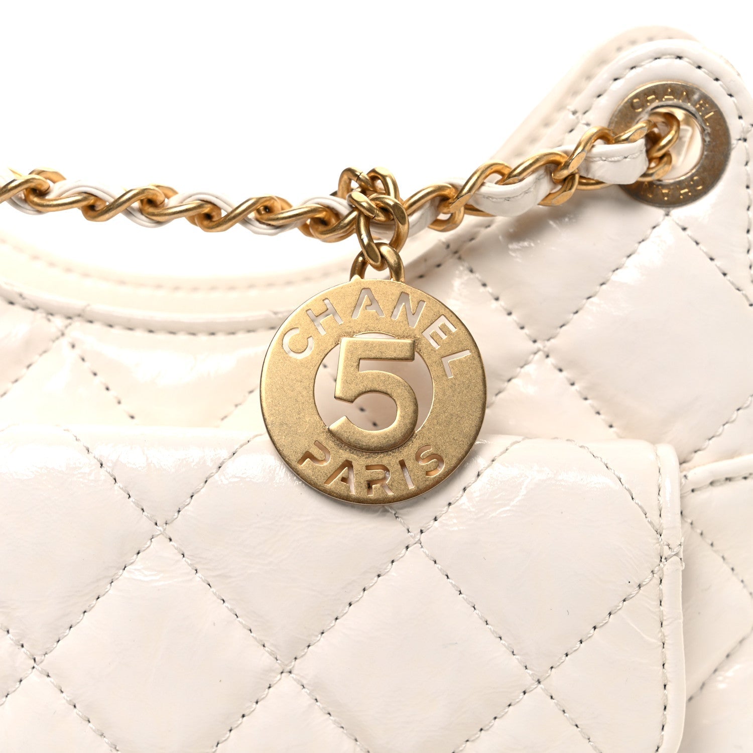 Shiny Crumpled Calfskin Quilted Small Wavy CC Hobo White