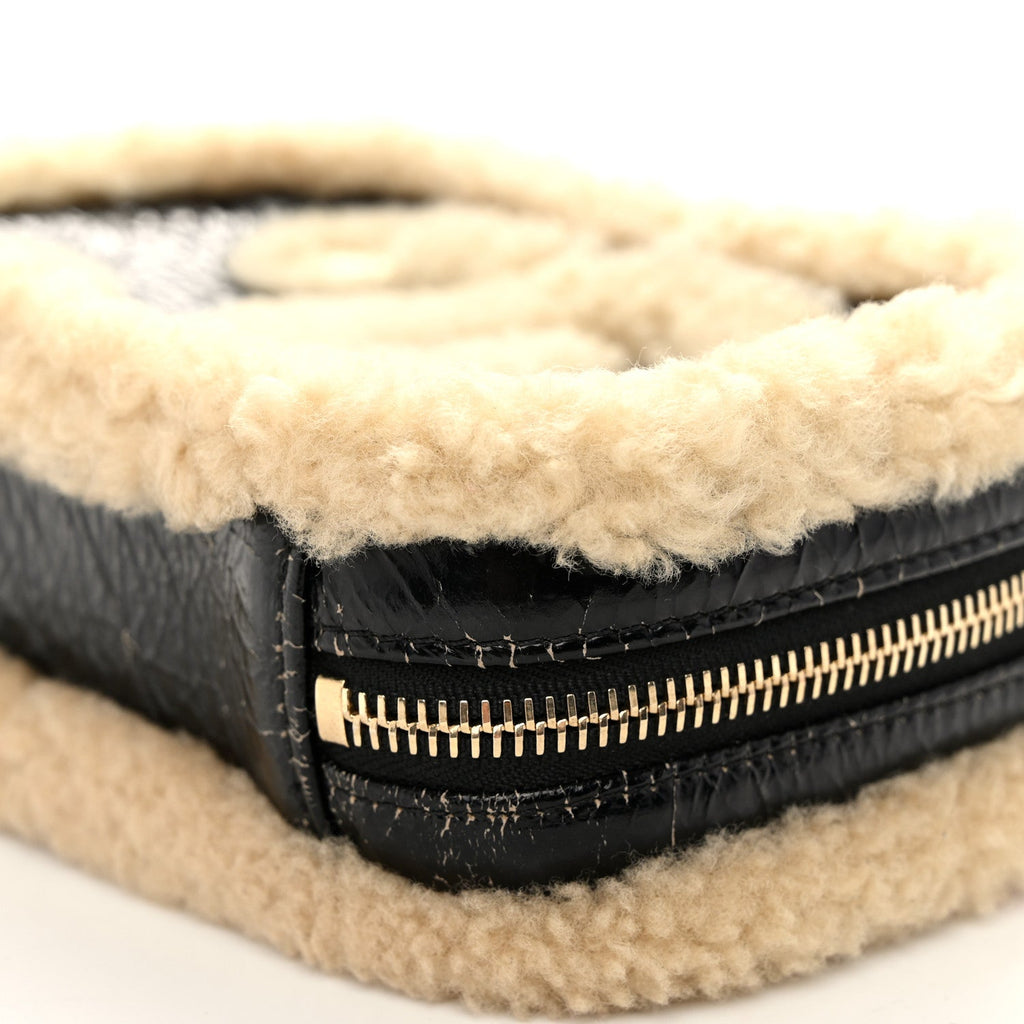 Shiny Crumpled Sheepskin Shearling Waist Bag Black Beige