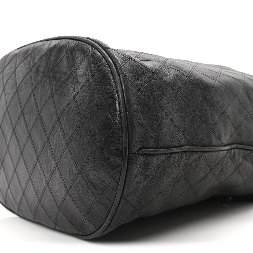 Lambskin Quilted Drawstring Bucket Bag Black
