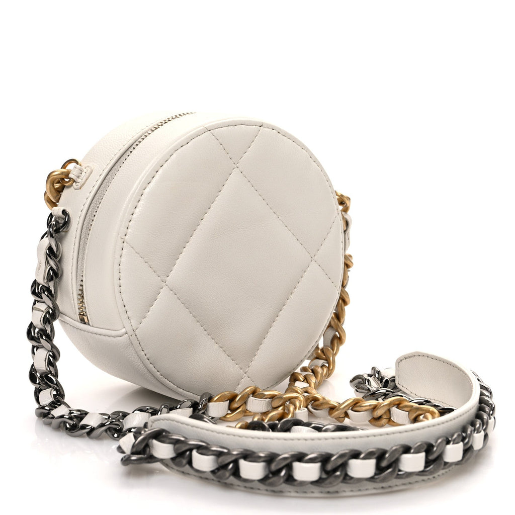 Shiny Goatskin Quilted Chanel 19 Round Clutch With Chain White