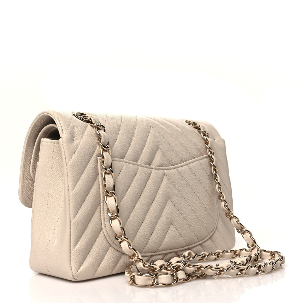 Caviar Chevron Quilted Small Double Flap Beige