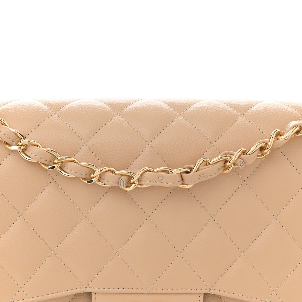 Caviar Quilted Jumbo Double Flap Beige